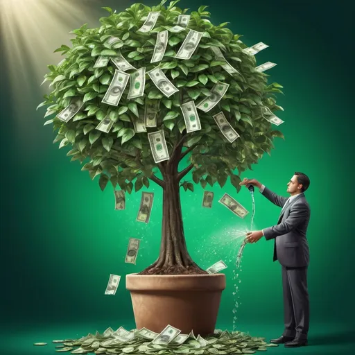 Prompt: Man growing money tree, hand watering money, lush green leaves made of money, realistic illustration, vibrant colors, surreal concept, detailed fingers, high quality rendering, money tree, growth, surreal, realistic, vibrant colors, detailed illustration, wealthy concept, hand, money, investment, green leaves, high quality, detailed, surrealism, growth art, professional art, atmospheric lighting
