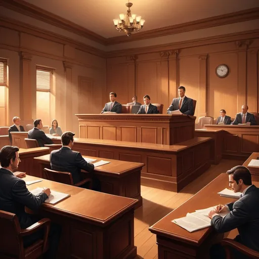 Prompt: Professional courtroom horizontal illustration in warm and subdued lighting, authoritative atmosphere, professional, classic, detailed, serious expressions, legal attire, authoritative, warm lighting for a law website