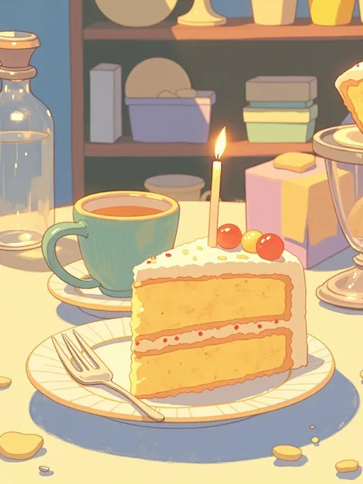 Prompt: slice of birthday cake on a plate placed on a table in a breakfast setting. lit candle on slice of cake
