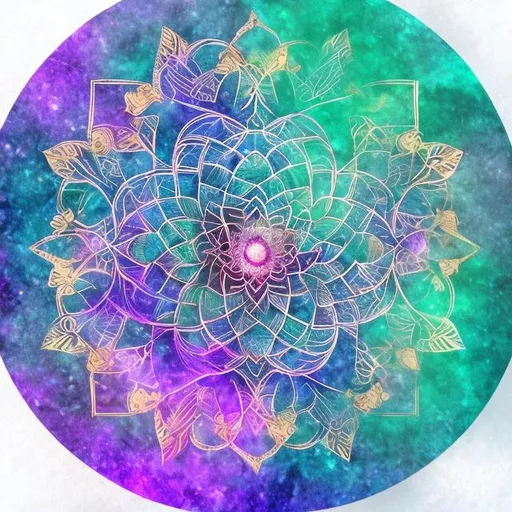 Prompt: Magic and mystic mandala, sacred geometry. Purple and turquoise petals. Yellow center.  Pale blue feathers, white butterflies, golden sparks, sketch