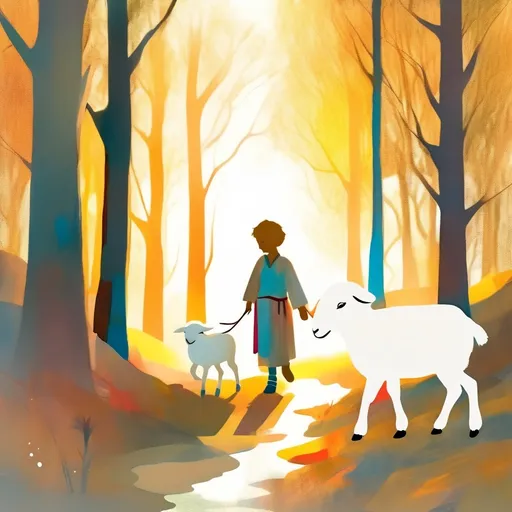 Prompt: Young shepherd, nine years old, walking through the forest with a lamb by his side. Magic ambiance, golden reflection, shining star above. bright colors simple shapes,white backdrop