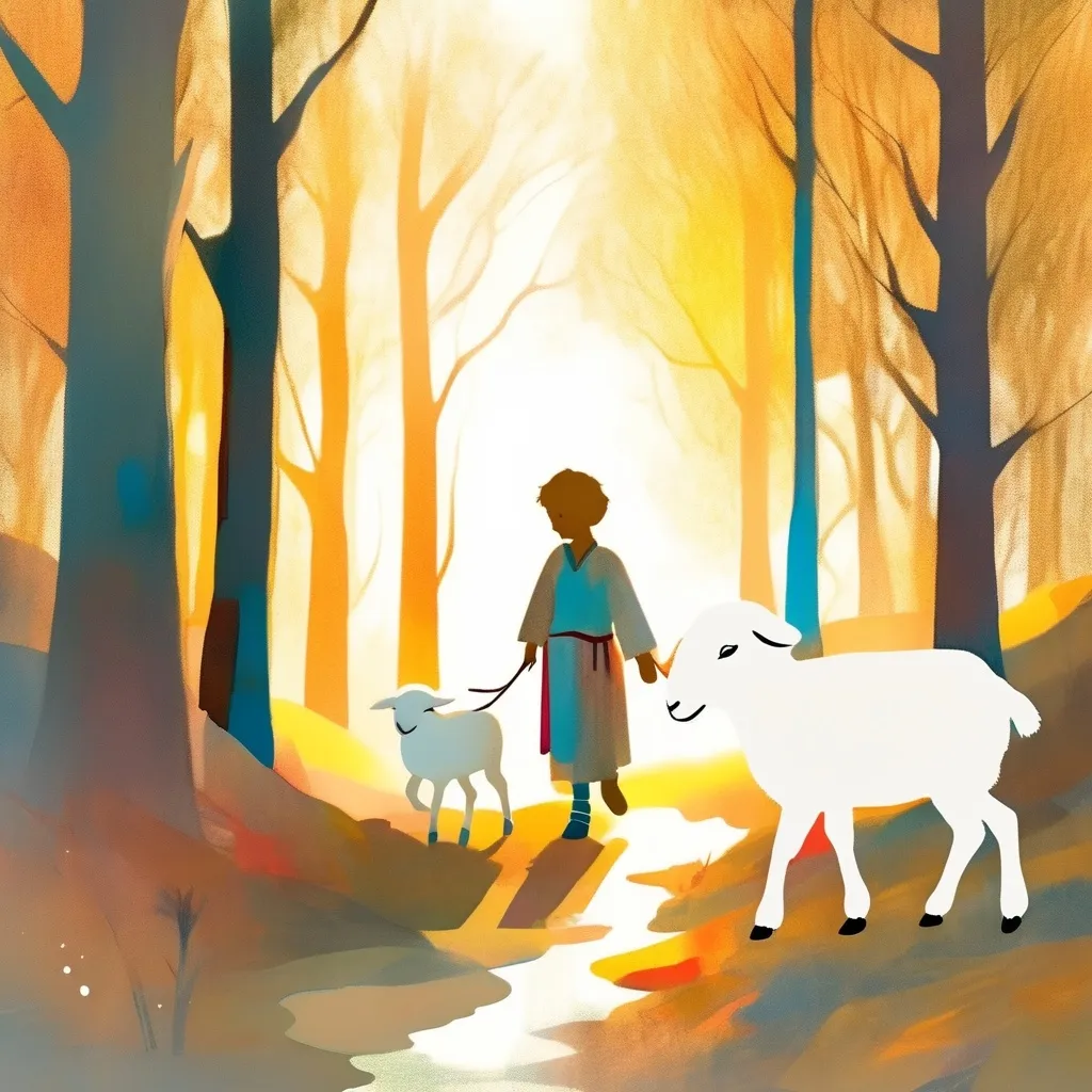 Prompt: Young shepherd, nine years old, walking through the forest with a lamb by his side. Magic ambiance, golden reflection, shining star above. bright colors simple shapes,white backdrop