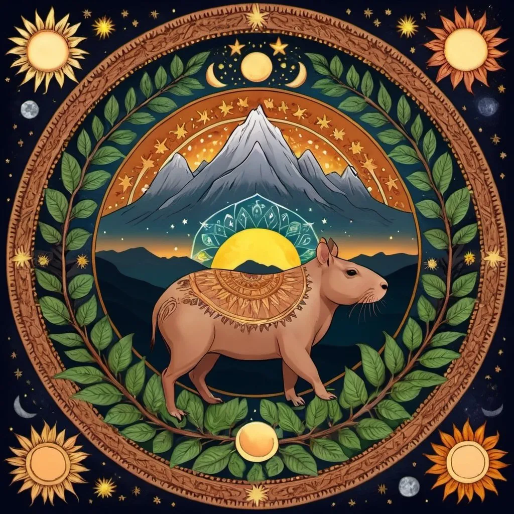 Prompt: capibara mandala, leaves,  mountains flowers, trees, roots, sun, moon, night, stars digital art