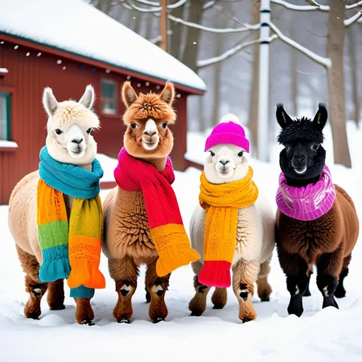 Prompt: Alpacas playing in the snow wearing warm socks, knit hats and colorful scarves
