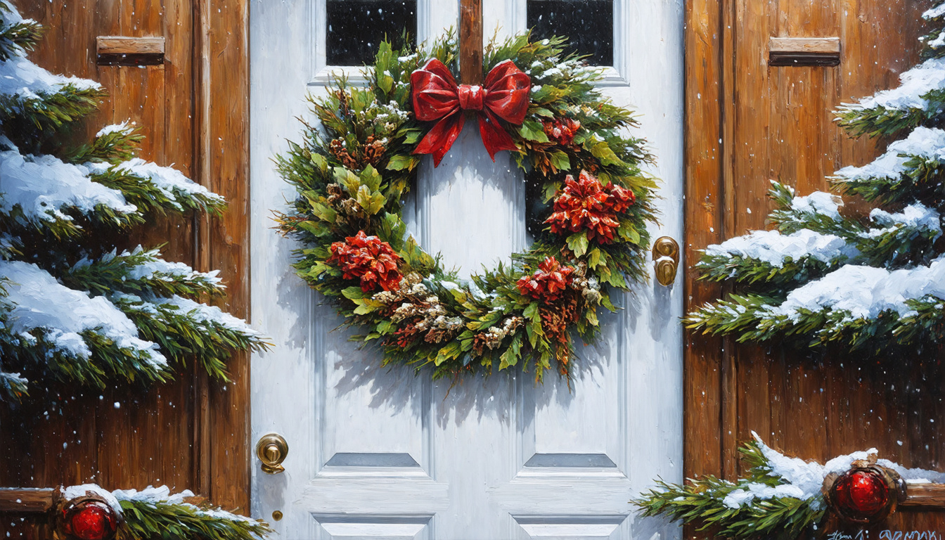 Prompt: oil painting of a wreath on a door in a snow storm