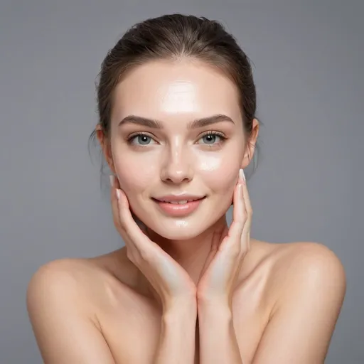 Prompt: Face, beauty and skin care with a white model in studio on a gray background to promote natural care. Facial, wellness and makeup with an attractive and happy young woman