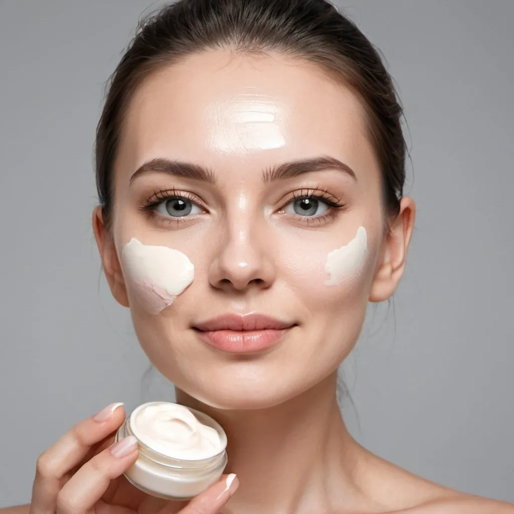 Prompt: Face portrait, skincare and woman with cream in studio isolated on a gray background. Cosmetics, beauty and young female model with lotion product, creme or moisturizer for healthy skin and wellness.
