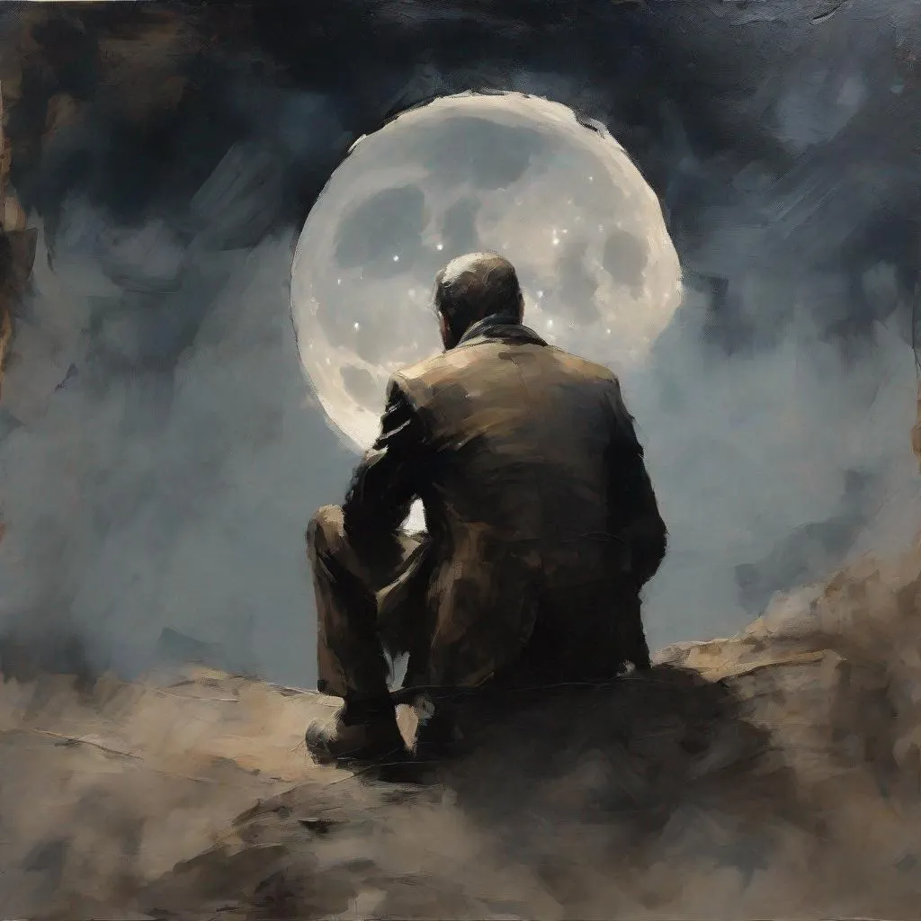 Prompt: oil paint a man sitting looking at the moon strokes,rough edges,muted colors.dark lighting neutral backdrop