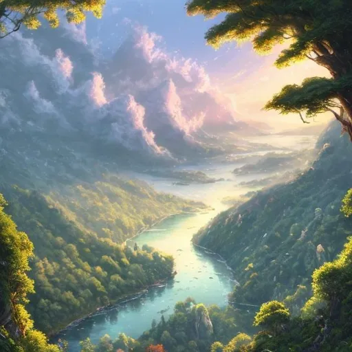 Prompt: I see from top of Towering cliff covered in lush green trees, misty and dewy atmosphere, calm river flowing through the valley, morning clouds floating, realistic style, detailed foliage, serene lake, high quality, realistic, misty atmosphere, detailed landscape, calm river, lush greenery, towering cliff, serene lake, morning clouds, realistic style, dewy atmosphere,sunset