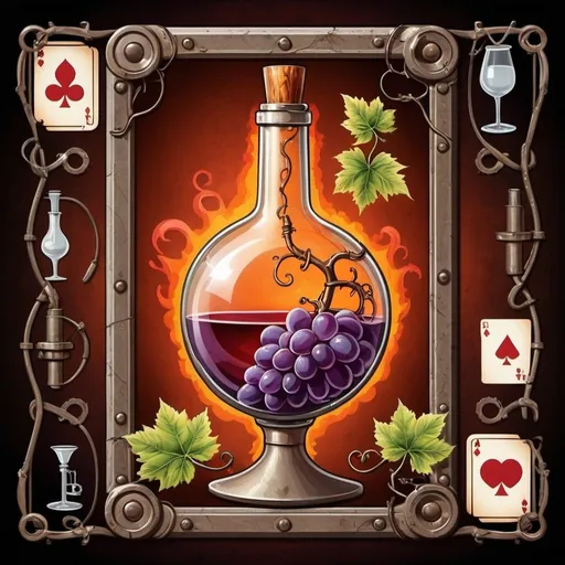 Prompt: playing card herb vine flask glass laboratory
Steam punk wine yard chemistry vine rock festival, grape vine, vintage rock concert, fiery red and orange tones, highres,  vintage machinery, fiery lighting, dynamic and energetic, industrial, fiery atmosphere, high quality. put in the frame