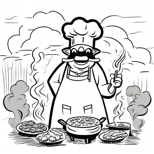 Prompt: Fun looking alligatoer wearing a chef's hat bar-b-queing outdoors with smoke coming from the pit in simple line drawing style
