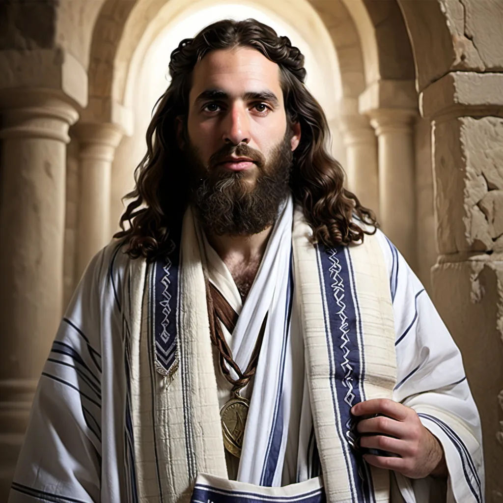 Prompt: Hebrew Most waited and wanted Messiah Yeshua wearing a tallit 