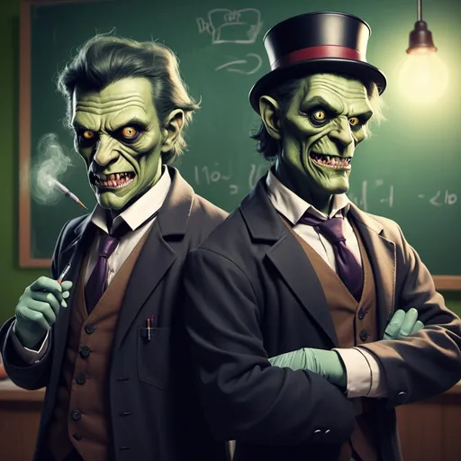 Prompt: Create an image of a modern Dr Jakill and Mr Hyde in a class of 20 studets at school