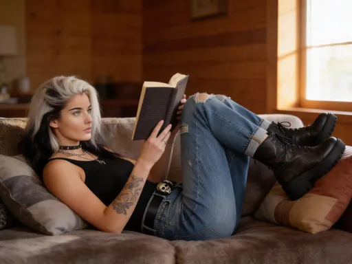 Prompt: @F1L596uHbE0ZRniwJHVl is on the couch reading a book with legs up on the couch, she is wearing boots