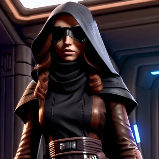 Prompt: Miraluka, Star wars, Old Republic,  smuggler clothing, eyes covered with veil, clinched waist, leather, beautiful, sassy, long hair