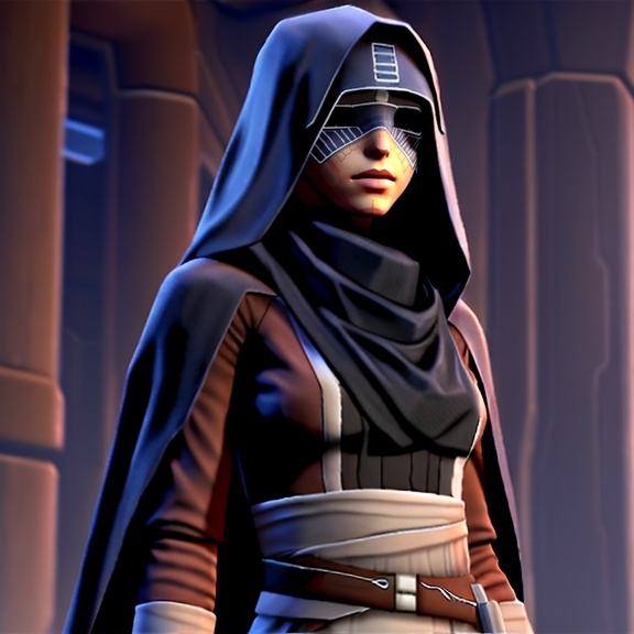 Prompt: Miraluka, Star wars, Old Republic,  smuggler clothing, eyes covered with veil