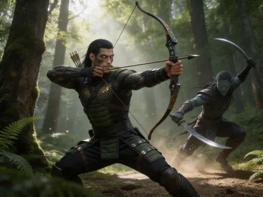 Prompt: @XyqNGLZlTCmodrCtC4UK, dressed in black and green ninja light armor,  fighting drow in the forest, he uses a bow 