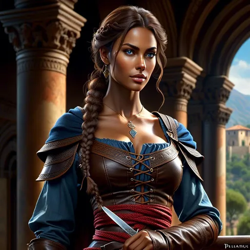 Prompt: <mymodel> tightly cinched waist, single braid over shoulder, medieval hunter, dark skin, tall,  photorealistic, hyperrealism, hyper detail, sharp, UHD, 8k, widow, artwork by royo luis, shapely, blue eyes