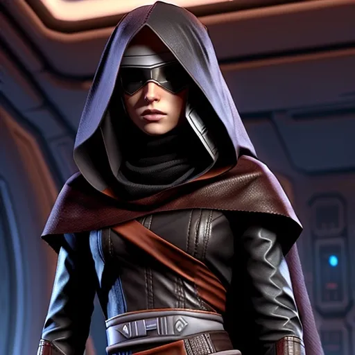 Prompt: Miraluka, Star wars, Old Republic,  smuggler clothing, eyes covered with veil, clinched waist, leather, beautiful, sassy, long hair