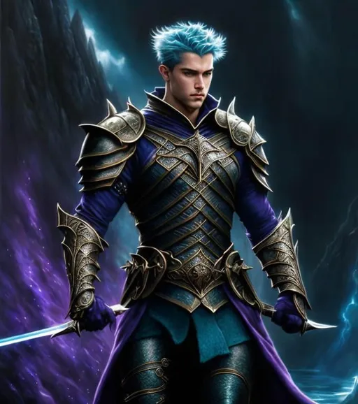 Prompt: oil painting, hd quality, UHD, hd , 08k, hyper realism, Artwork by Jonathon Earl Bowser and rob alexander and luis royo. full character visible, #purple eyes, #light teal hair, #purple eyes, male warrior character, aquatic fantasy, he is wearing a fantasy syle armour  lord of the rings