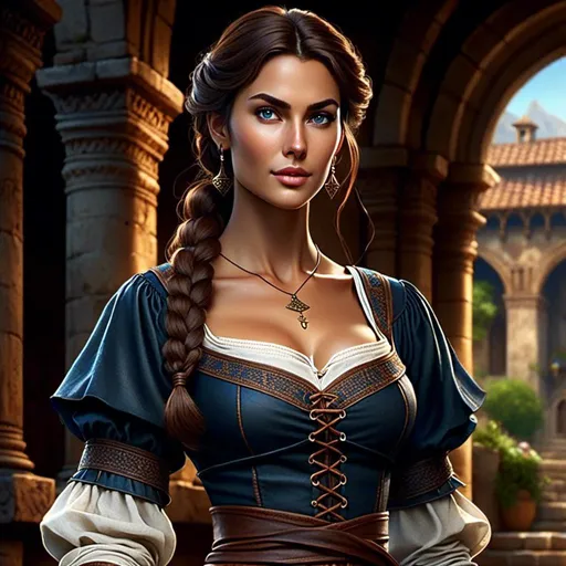 Prompt: <mymodel> tightly cinched waist, single braid over shoulder, dark blue eyes, medieval peasent, dark tanned skin, Romani, square jaw, high cheek bones, brown hair, simple plain medieval clothing,  photorealistic, hyperrealism, hyper detail, sharp, UHD, 8k, widow, artwork by royo luis