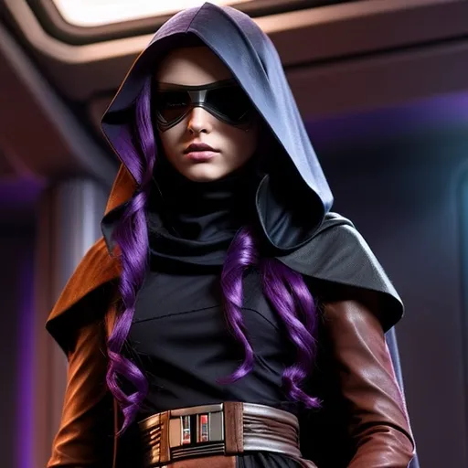 Prompt: Miraluka, Star wars, Old Republic,  smuggler clothing, eyes covered with veil, clinched waist, leather, beautiful, sassy, long hair, purple hair