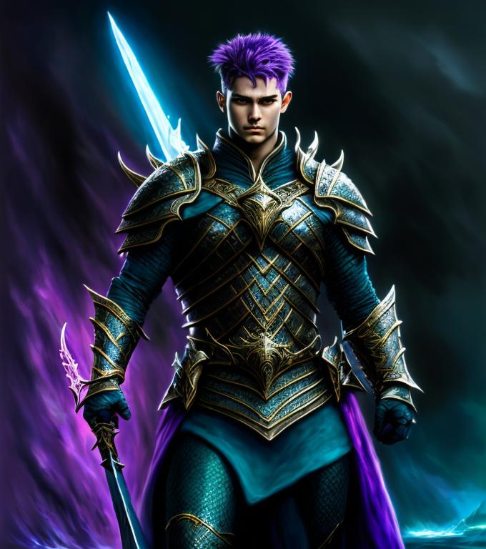 Prompt: oil painting, hd quality, UHD, hd , 08k, hyper realism, Artwork by Jonathon Earl Bowser and rob alexander and luis royo. full character visible, #purple eyes, #light teal hair, #purple eyes, male warrior character, aquatic fantasy, he is wearing a fantasy syle armour  lord of the rings