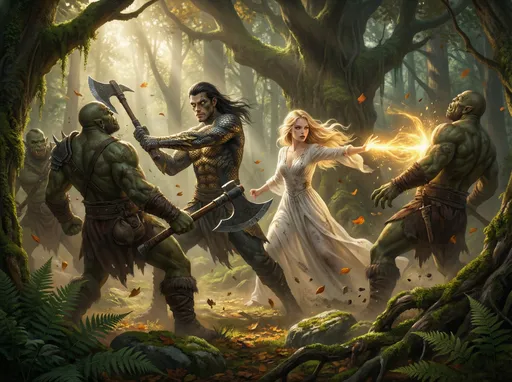 Prompt: @XyqNGLZlTCmodrCtC4UK @LLk8qe04q6eIjemDRDYd fighting orcs in the forest