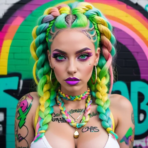 Prompt: Pastel graffiti gangster character green eyes revealing extra large cleavage with rainbow pastel microbraided hair and full lips designer bold unique loud makeup artists bold adornment creative stylish vercace outfit