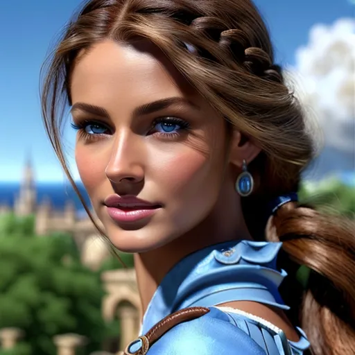 Prompt: single braid over shoulder, full figure with cinched waist, blue eyes, medieval peasent, heavy tanned skin, Romani, square jaw, high cheek bones, brown hair, simple plain medieval clothing,  photorealistic, hyperrealism, hyper detail, sharp, UHD, 8k, widow, artwork by royo luis, joan collins