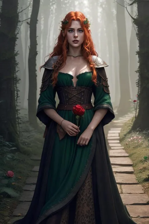 Prompt: Please produce a fantasy artwork by by Jonathon Earl Bowser and rob alexander.  #broken nose, #scarred cheek, #wild light ginger hair, #very large chest, #lord of the ring peasant dress, #dark emerald eyes, #freckles, #square jaw, #rose petal lips, Fantastic Forest landscape, photorealistic, 3D lights, hyperrealism, hyper detail, sharp, UHD, 8k,