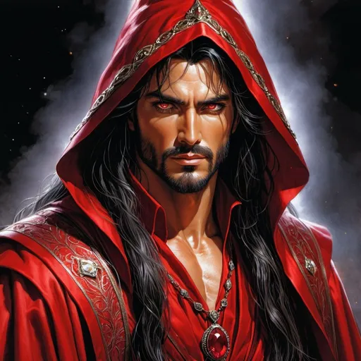 Prompt: #crimine lord, masculine, #rugged features, #skin tan, black hair, #one eye fire ruby gem, super detailed, 8k, high quality, #red wizard robes,  trending art, trending on artstation, sharp focus, studio photo, intricate details, highly detailed, luis royo
