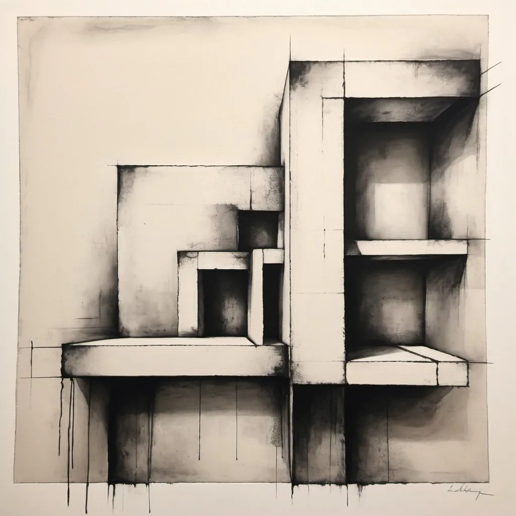 Prompt: Show me an image of a simple piece of art that invokes the feelings serenity, and home using acrylic, pencil, pen and charcoal on paper inspired by El Lessitzky and Bernard Tschumi with grunge

