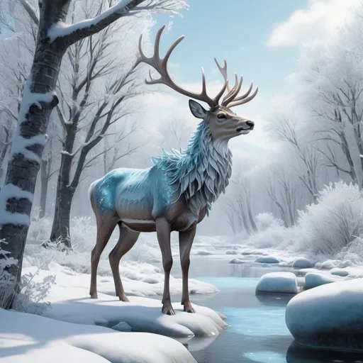 Prompt: Frosty deer dragon in the arctic woods in front of a frozen river 