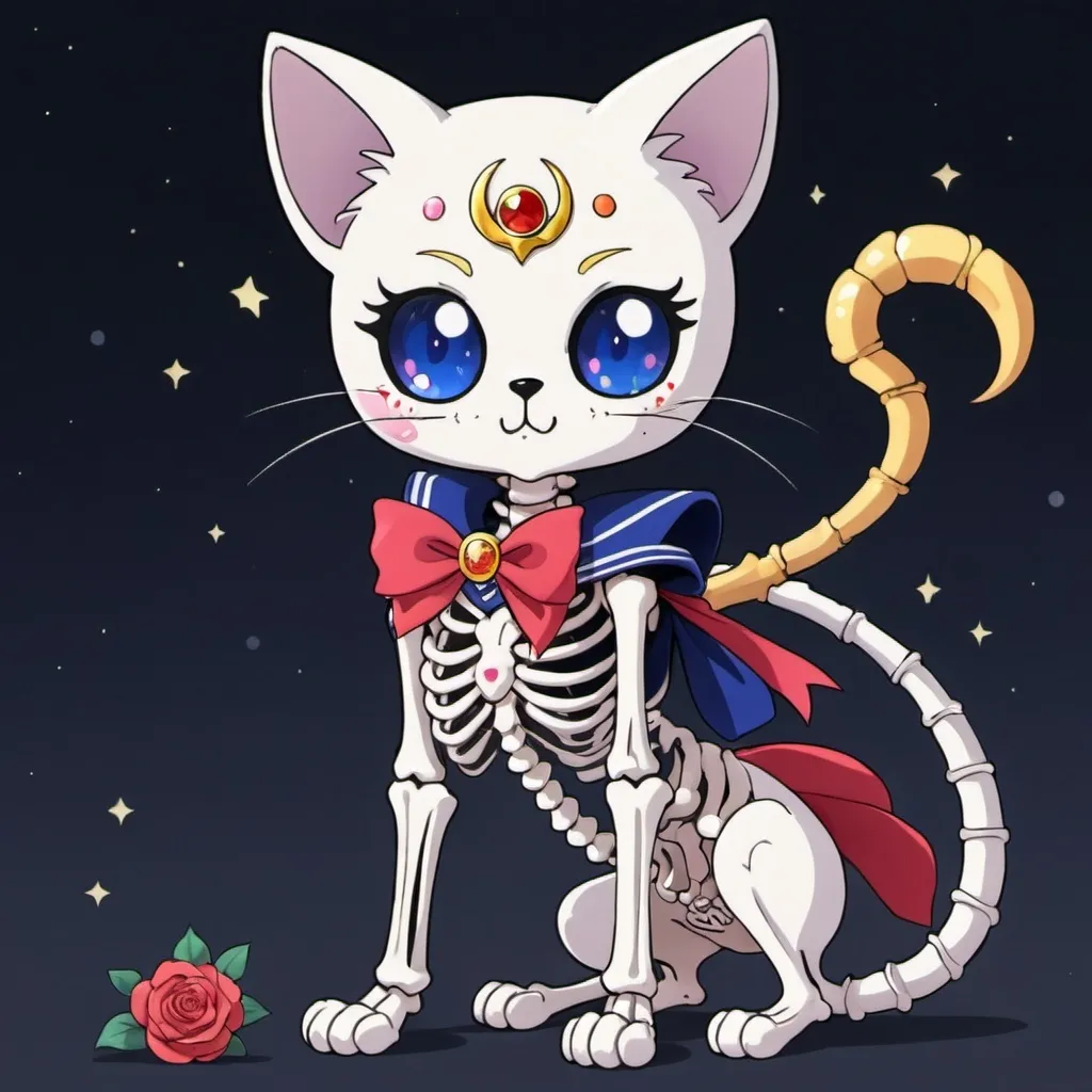 Prompt: A anime about a skeleton cat sailor moon style 