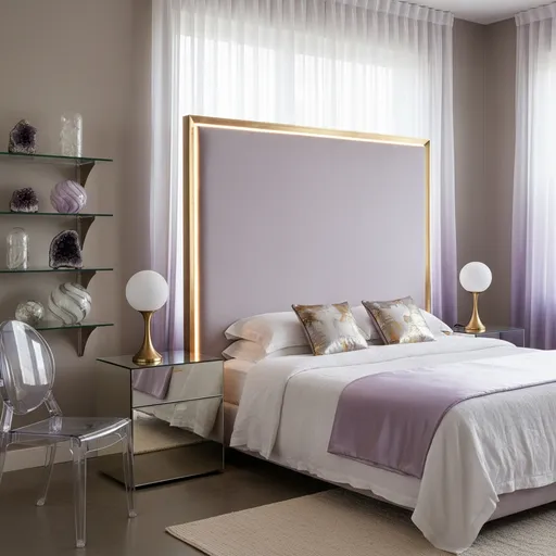 Prompt: OPAL VERVE HOUSE Bedroom: • Floating headboard in pale lilac microfiber with inset LED halo lighting. • White linen duvet layered with a lilac satin throw and metallic-accented pillows. • Twin mirror-finish brass nightstands topped with matching opal-glass lamps. • Transparent acrylic side chair paired with stacked glass corner shelves. • Shelves displaying mineral specimens and hand-blown glass orbs for subtle detail. • Sheer curtains fading from clear white to smoke-lavender, filtering daylight into soft gradients.