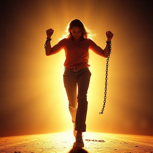 Prompt: A person breaking free from chains of self-doubt, stepping into a bright light, confidence in their posture, chains dissolving into thin air, glowing path ahead, vibrant and uplifting color palette, feeling of liberation and empowerment, movie, cinematic still