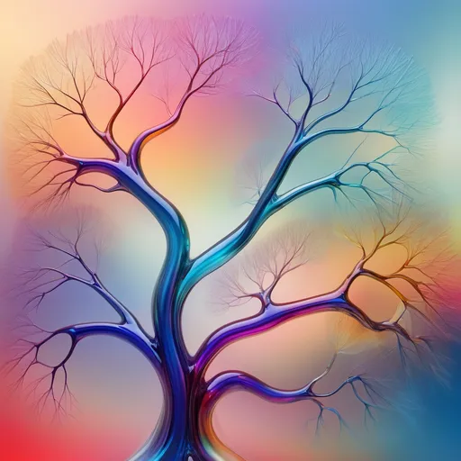 Prompt: Abstract glossy, fluid-like transparent structure, begins as a single line, branches off like a tree from left to right, vibrant colors shifting with each branch, creating a mesmerizing gradient, ethereal and dynamic; high-quality, ultra-detailed, smooth textures reflecting soft light in a serene ambiance, eliciting a sense of wonder and flowing movement.