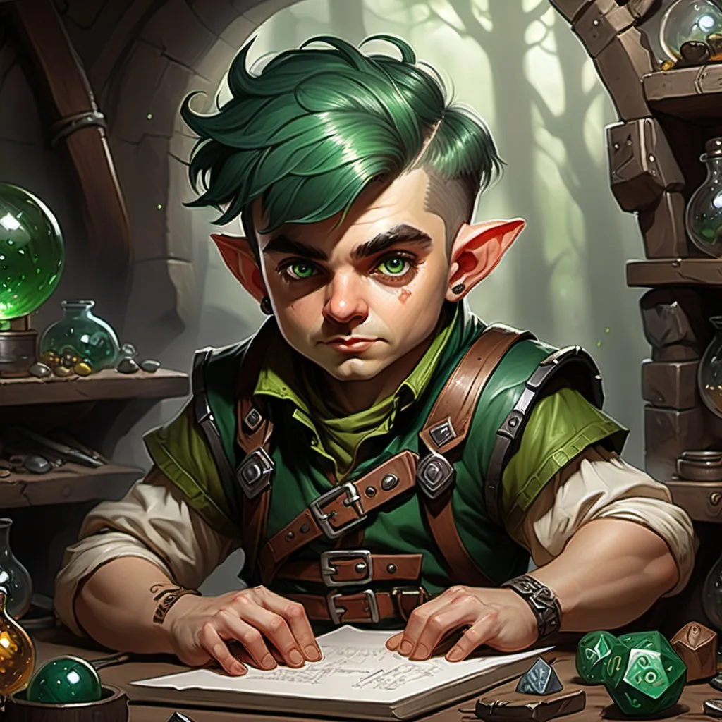 Prompt: dungeons and dragons fantasy art halfling male artificer with dark green hair workshop tinkerer