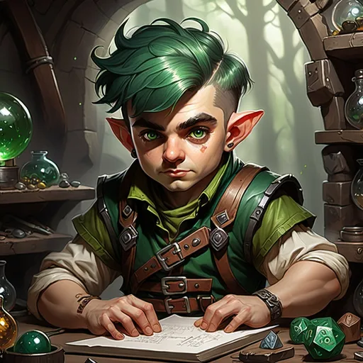 Prompt: dungeons and dragons fantasy art halfling male artificer with dark green hair workshop tinkerer