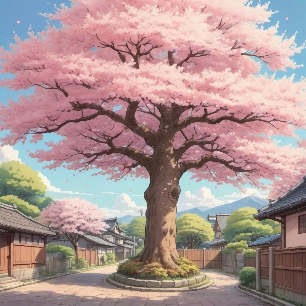 Prompt: 2D Studio Ghibli anime illustration of a blooming sakura tree, cute and inviting, hand-drawn style, warm and cozy atmosphere, detailed textures, high quality, detailed, warm tones, anime, Studio Ghibli, cute, charming, hand-drawn, cozy atmosphere, inviting, detailed textures, professional, warm lighting