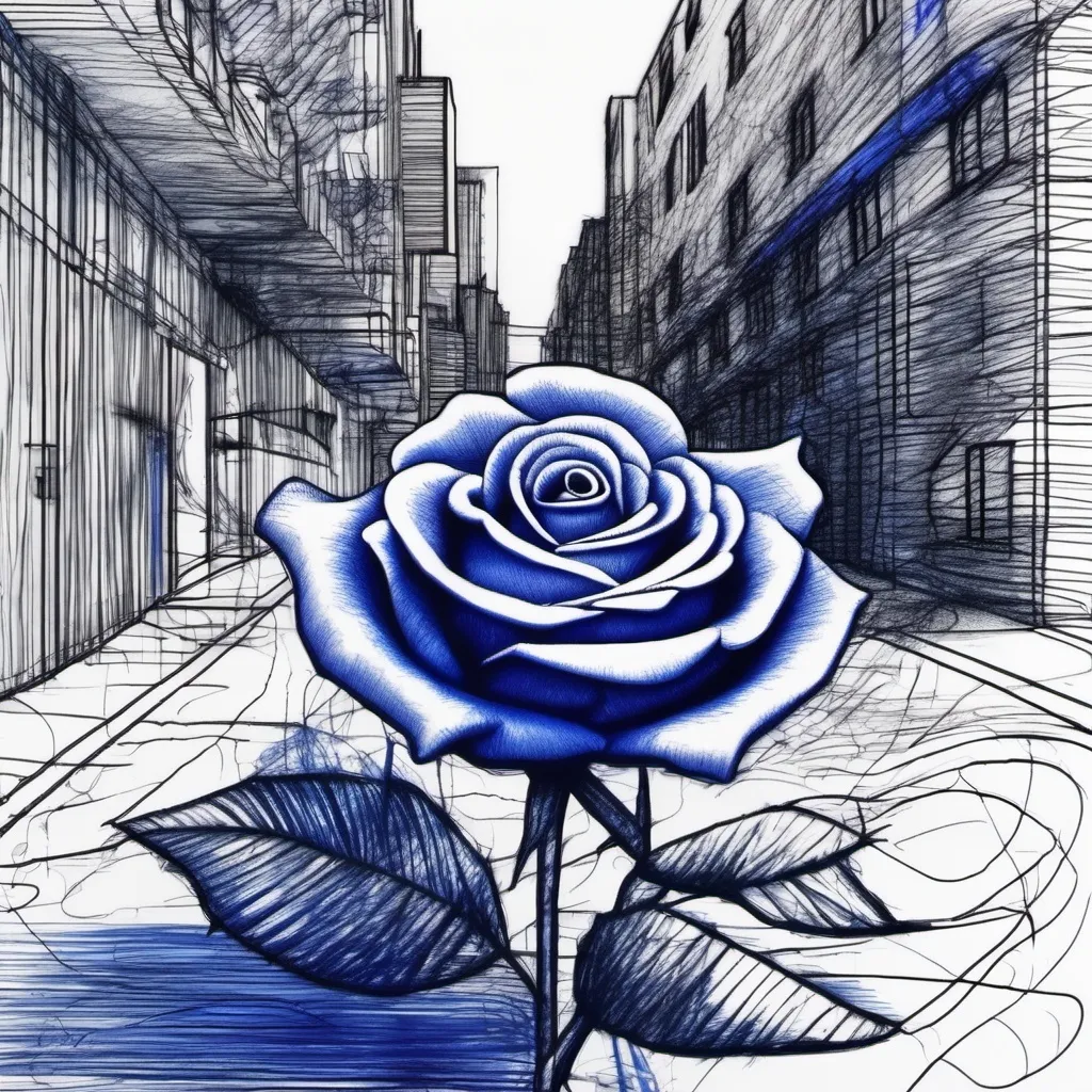 Prompt: a drawing of a rose growing up through an inner city sidewalk made with scribbles and messy lines,blue ballpoint,monochrome