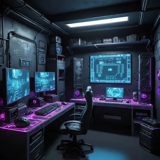 Prompt: Generate for me a cyber themed background of a gamer room, with windows, anime style