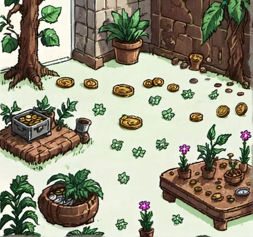 Prompt: a pixel art of wallpaper, a view of a cute RPG game, with coins and plants