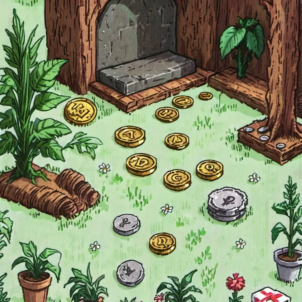 Prompt: a pixel art of wallpaper, a view of a cute RPG game, with coins and plants