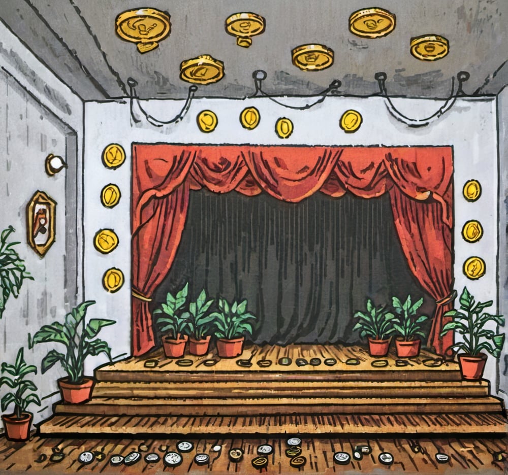 Prompt: a pixel art of wallpaper, a view of a stage, with coins and plants on the air and 