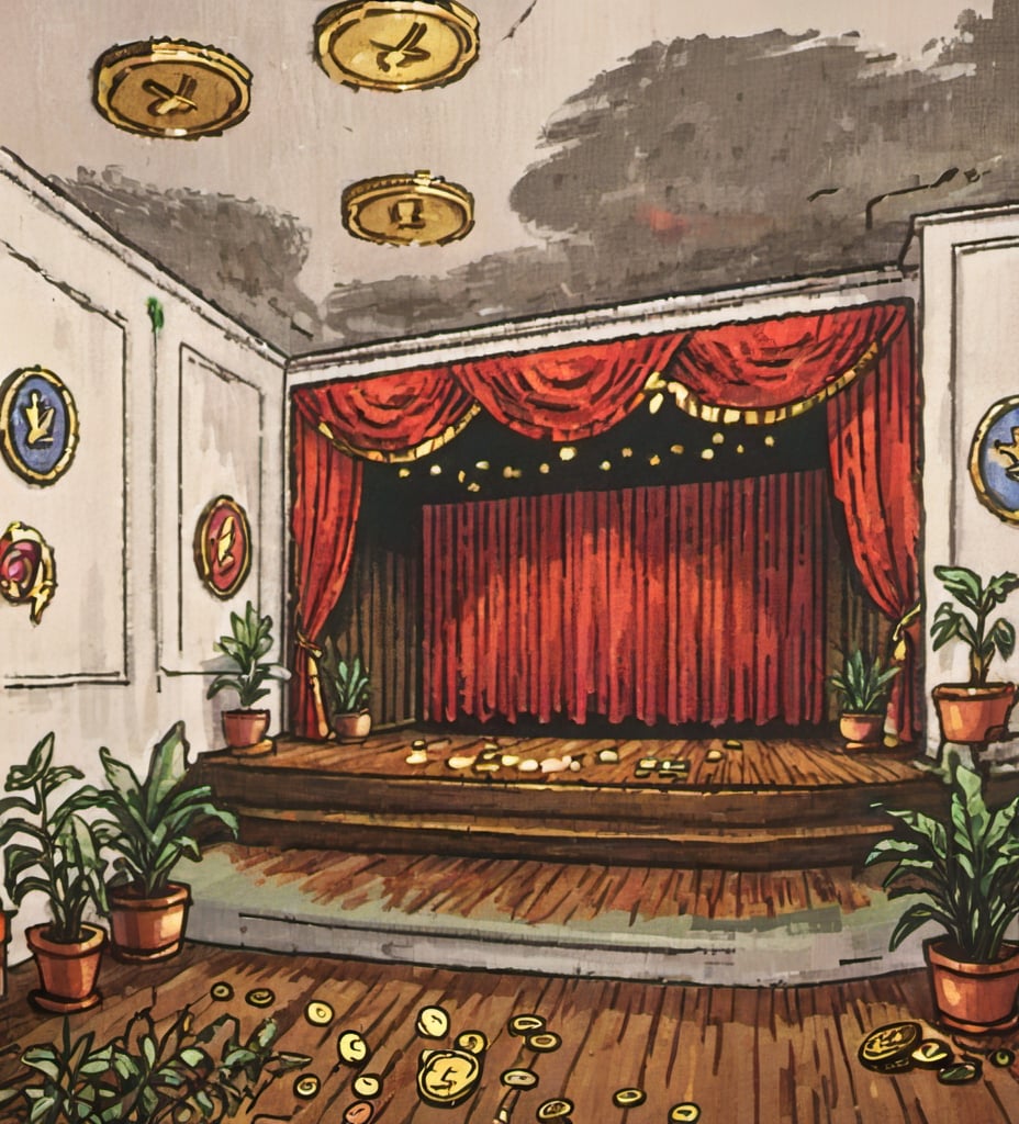 Prompt: a pixel art of wallpaper, a view of a stage, with coins and plants on the air and 