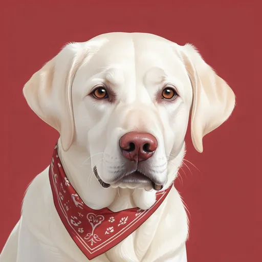 Prompt: head of white labrador. Tilt the head slightly to the side like he is begging you to do something.  Red patterned kerchief around his neck