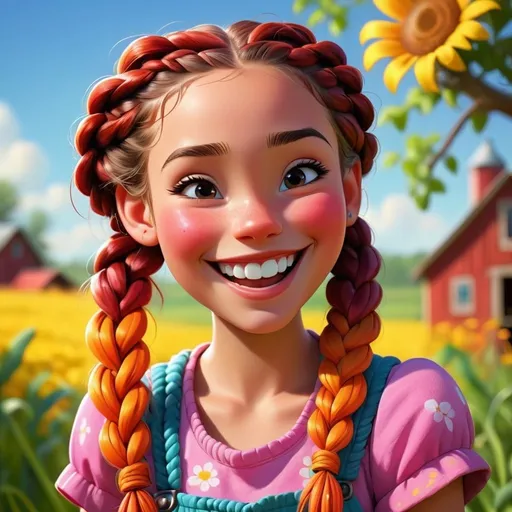 Prompt: Disney style farm girl with braids and a happy smile, vibrant colors, sunny