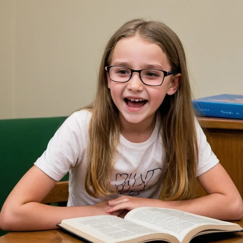 Prompt: 11 year old girl happily reading out loud
